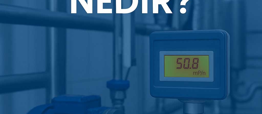 Modern bir pompa sisteminde dijital debimetre ekranı Arka planda boru hattı ve akış simgeleri Üzerinde yazı: “POMPA DEBİSİ NEDİR?”