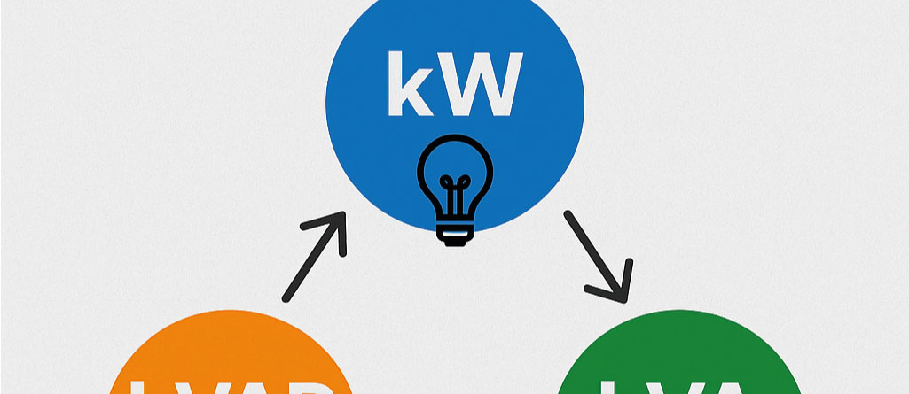 Elektrikte güç kavramlarını gösteren grafik: mavi daire içinde kW (gerçek güç), turuncu daire içinde kVAR (reaktif güç), yeşil daire içinde kVA (görünür güç), aralarında oklarla ilişki gösterimi